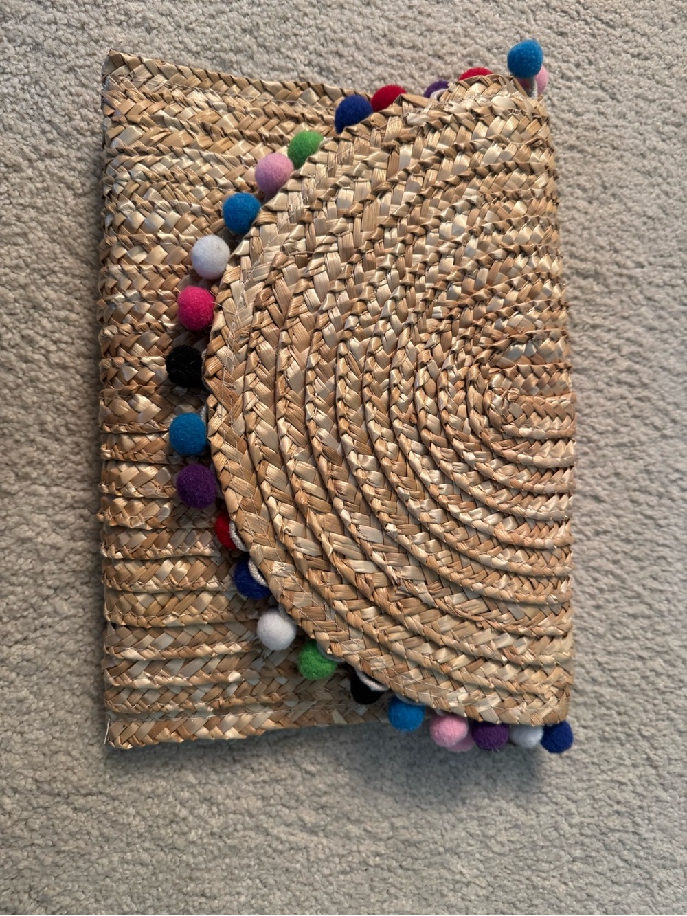 Francesca's Collections Natural Straw Clutch with Multicolor Pom Poms